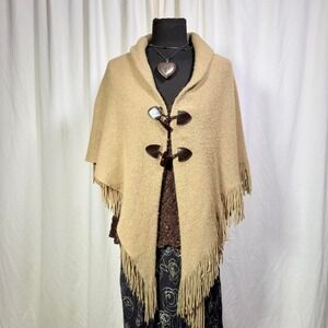 Vintage Knit Fringe Poncho Cape – One Size